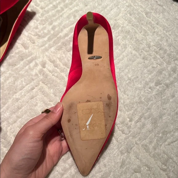 Badgley Mischka Red Satin Heels with Crystal Buckle - Picture 10 of 10